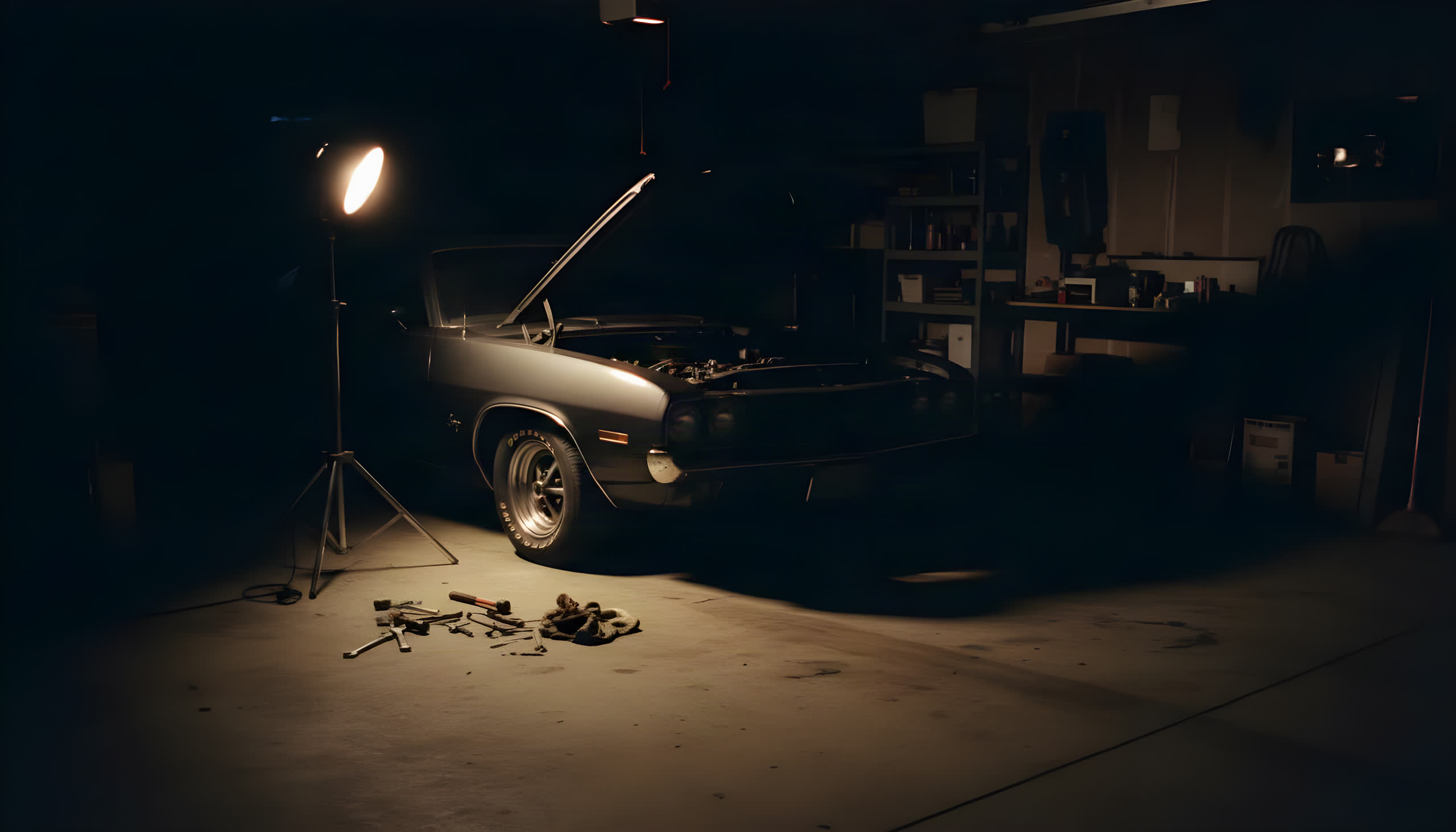 A garage bay at night — hood up under a single work light, tools laid out on the floor