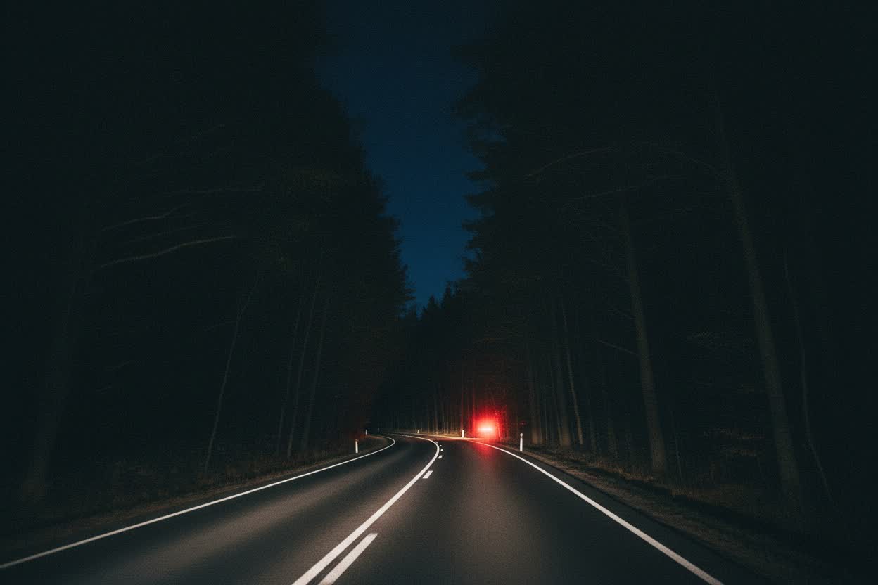 A single red taillight streak down a forest road at night