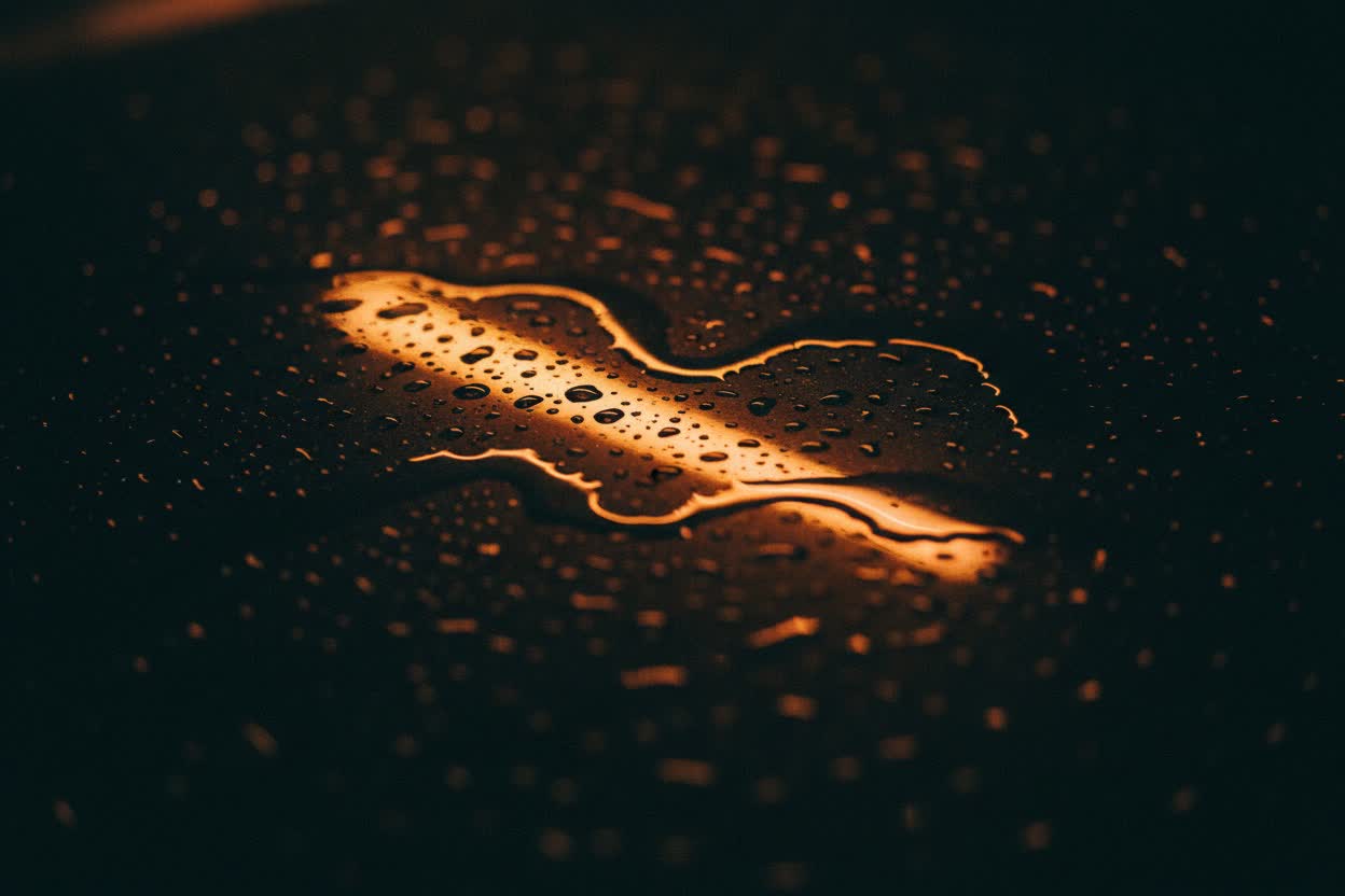 Rain beading over a lit emblem on dark paint