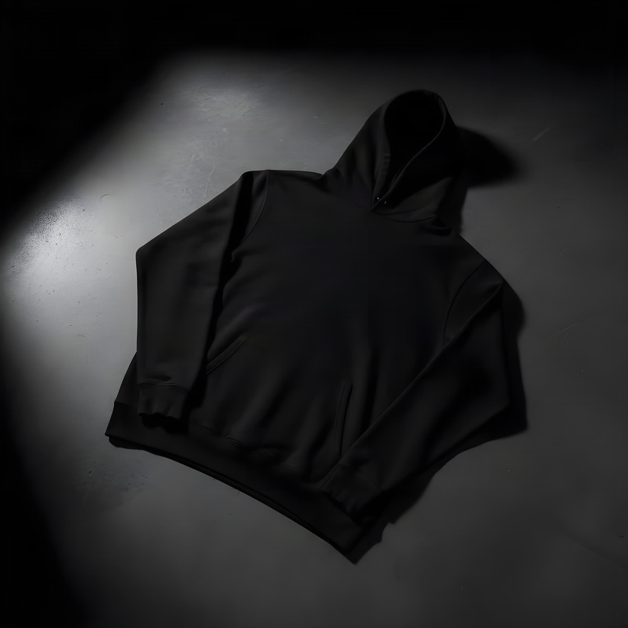 Black Overdrive Society hoodie laid flat under hard directional light