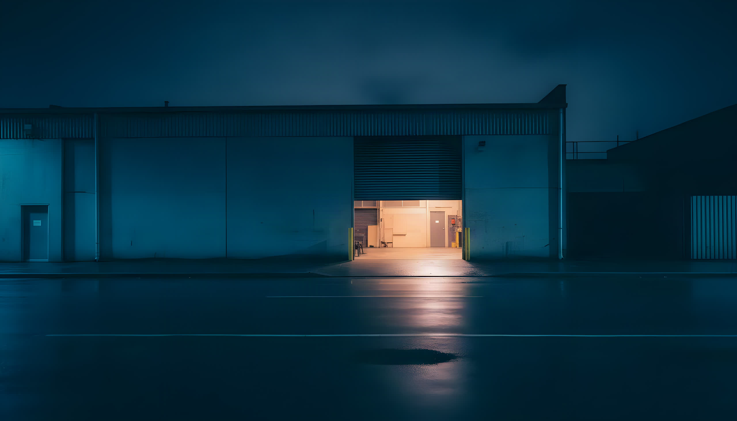 Industrial unit at night, one lit roller door glowing across a wet lot